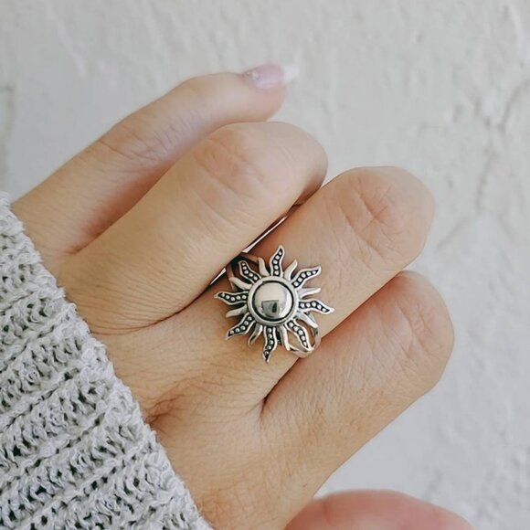 Sterling Silver Sun Ring, Large Sun Ring, 925 Silver, Sunshine Sunset Ring, - Picture 8 of 10